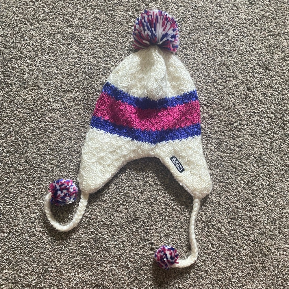 Burton White and Pink Knit Hat with Ear Flaps